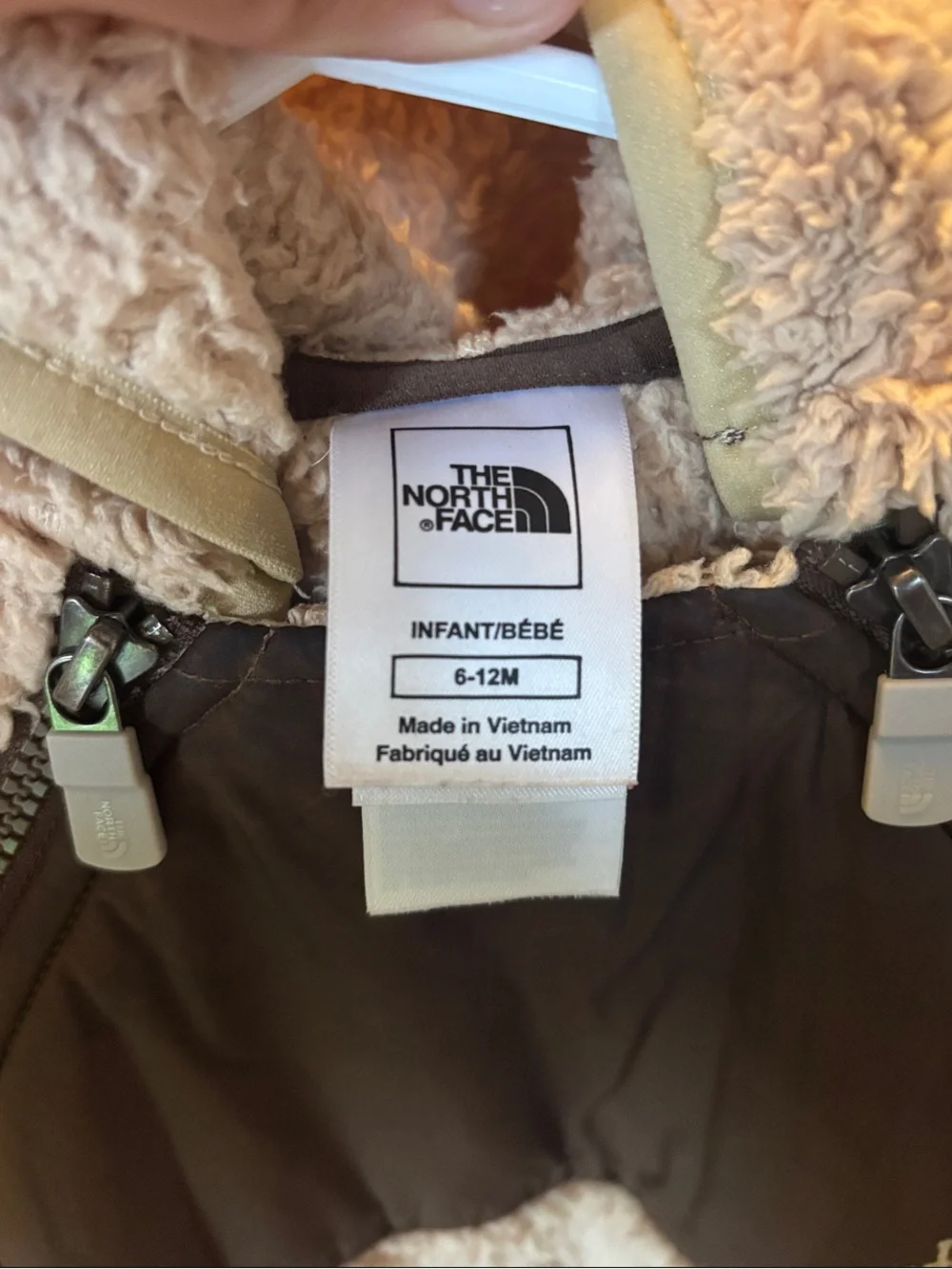 The North Face Cream Teddy Fleece Hooded One-Piece with Brown Chest Panel